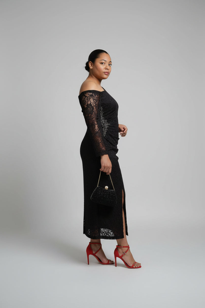 Coffee Brown Lace Off-Shoulder Midi Dress