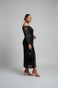 Coffee Brown Lace Off-Shoulder Midi Dress