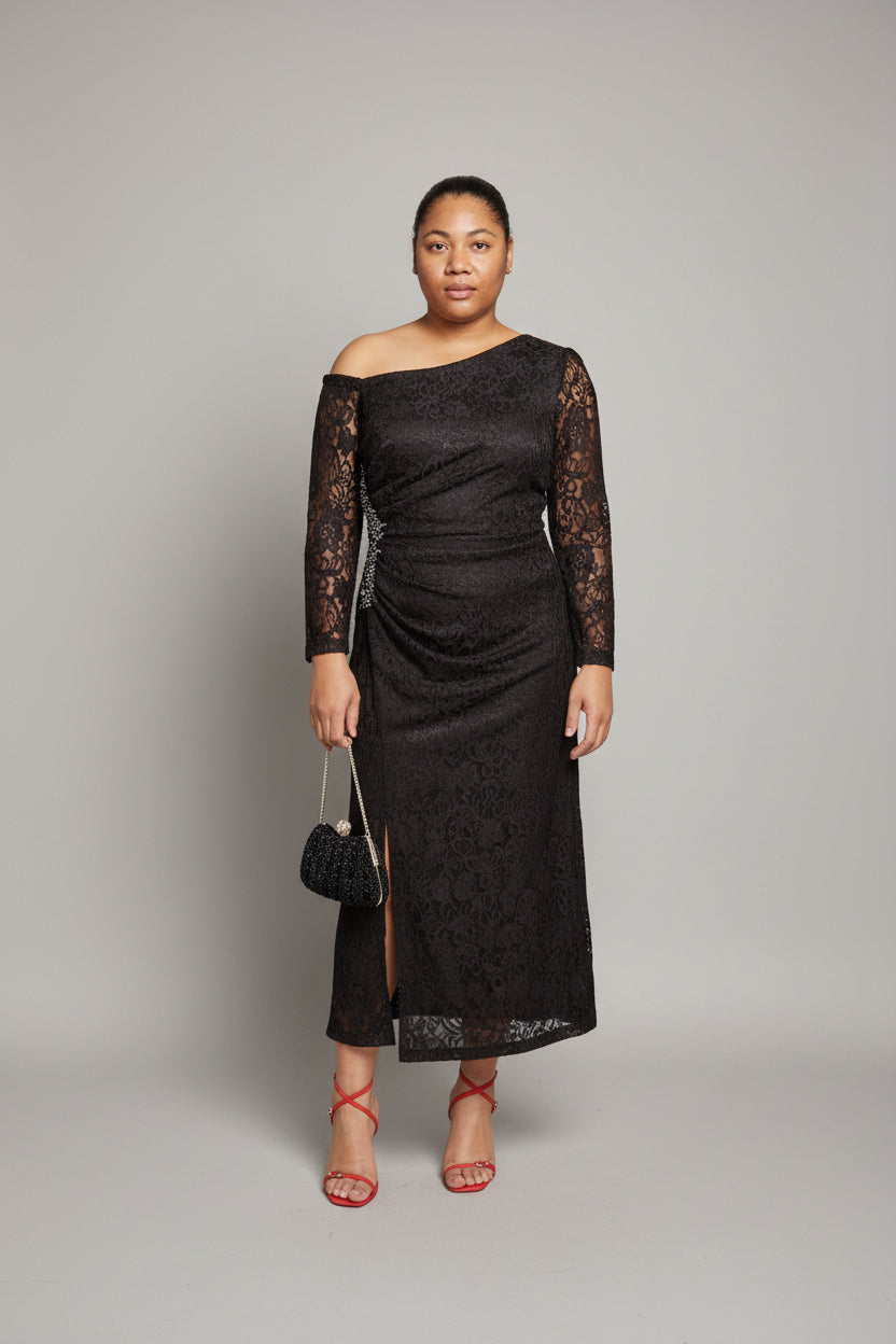 Coffee Brown Lace Off-Shoulder Midi Dress