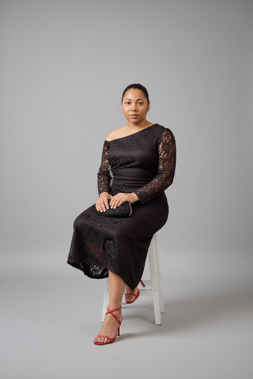 Coffee Brown Lace Off-Shoulder Midi Dress