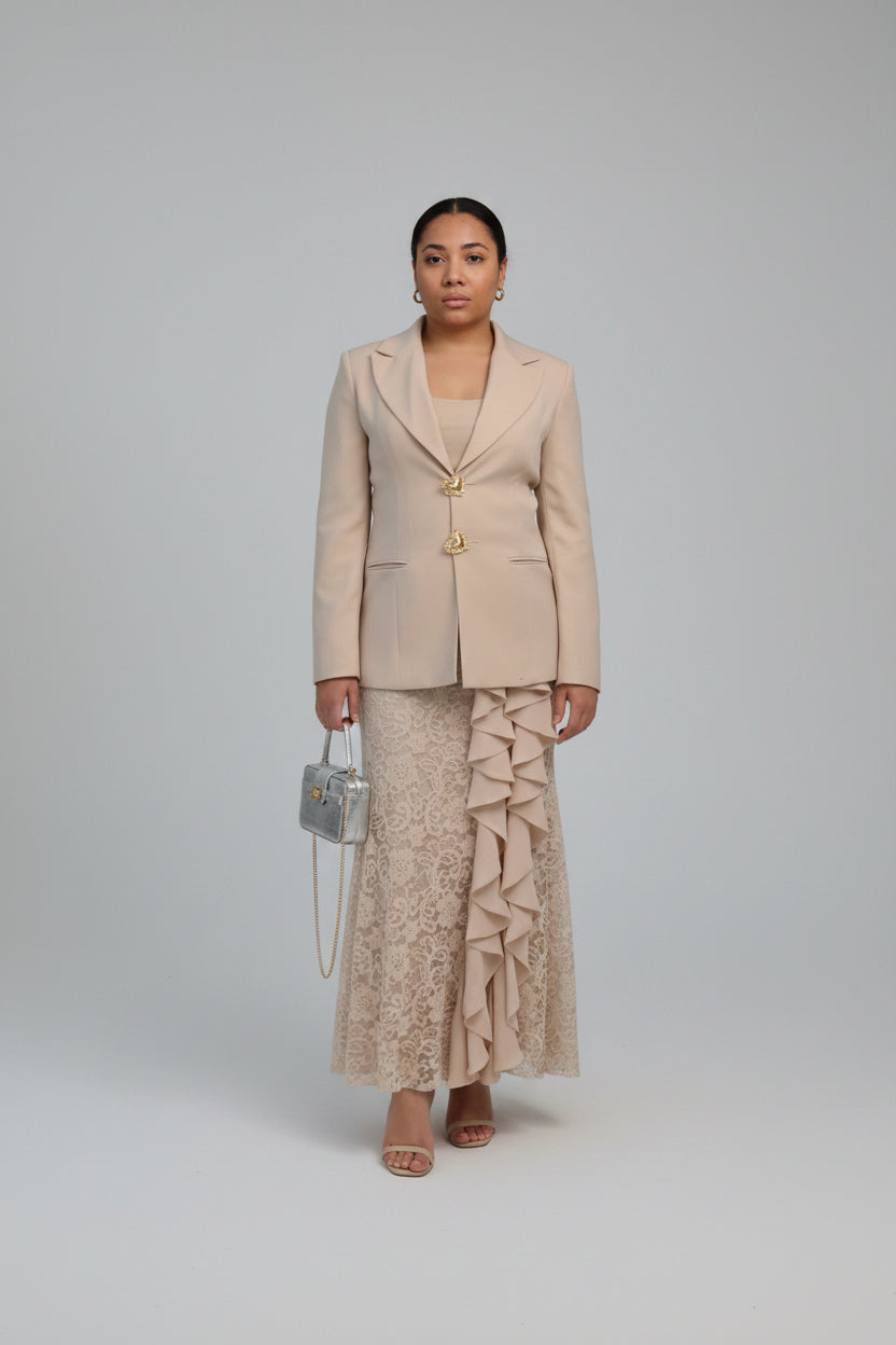 Cream Lace Ruffle Skirt & Blazer Co-ord Set
