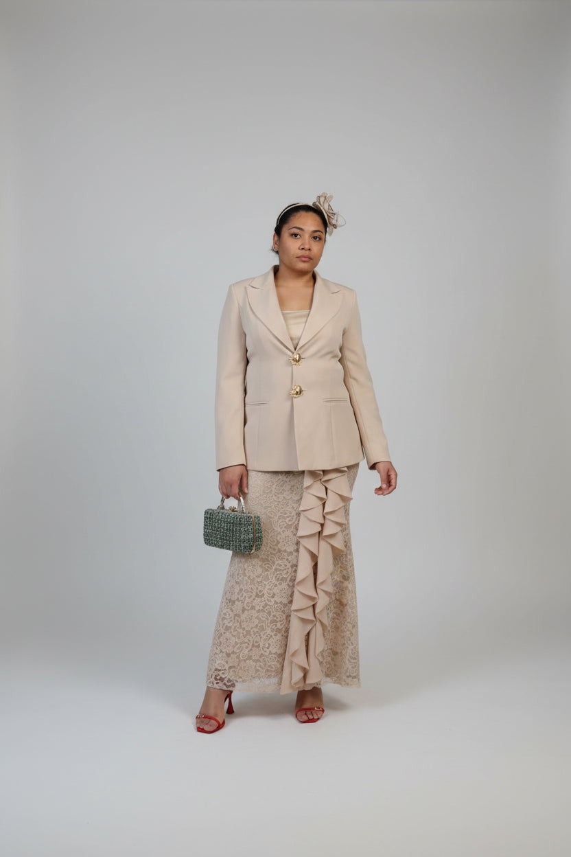 Cream Lace Ruffle Skirt & Blazer Co-ord Set
