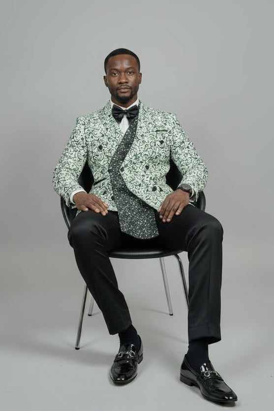Men's Ivory & Black Floral Jacquard Sequin Blazer Suit