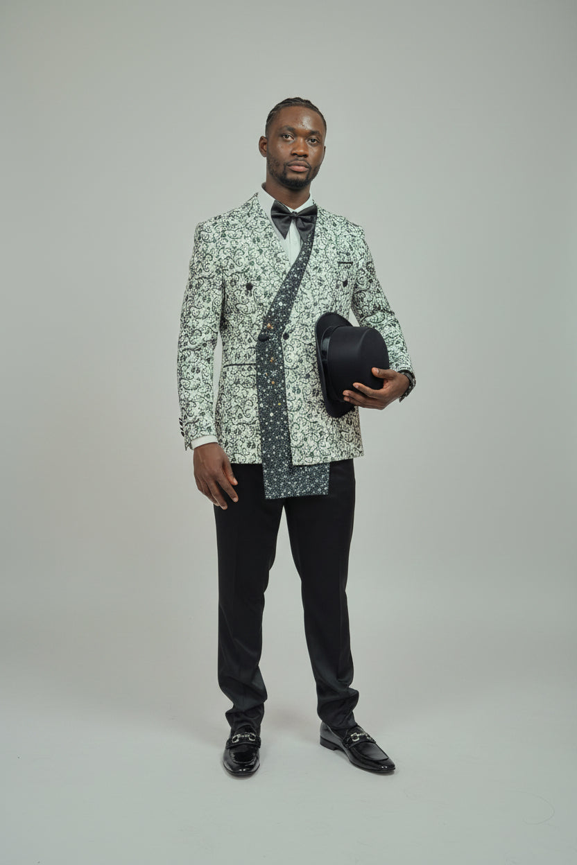 Men's Ivory & Black Floral Jacquard Sequin Blazer Suit