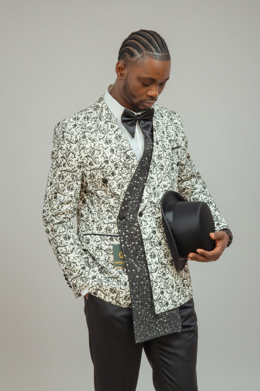 Men's Ivory & Black Floral Jacquard Sequin Blazer Suit