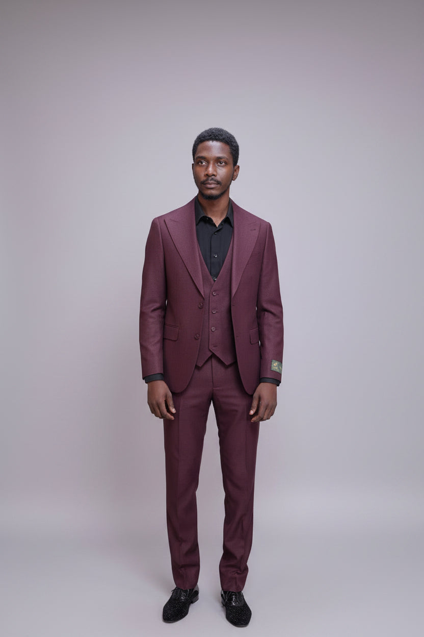 Men 3 piece burgundy suit