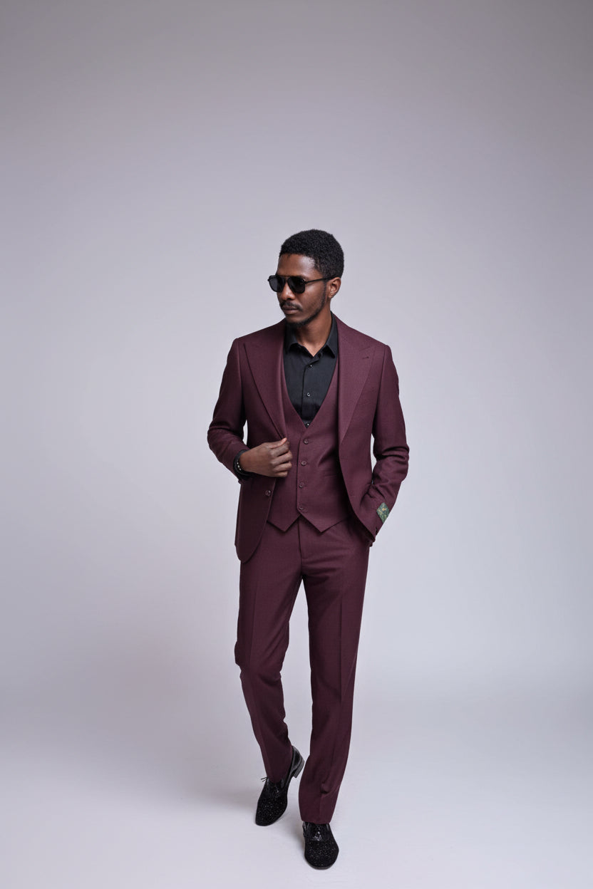Men 3 piece burgundy suit
