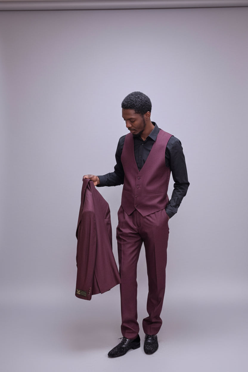 Men 3 piece burgundy suit