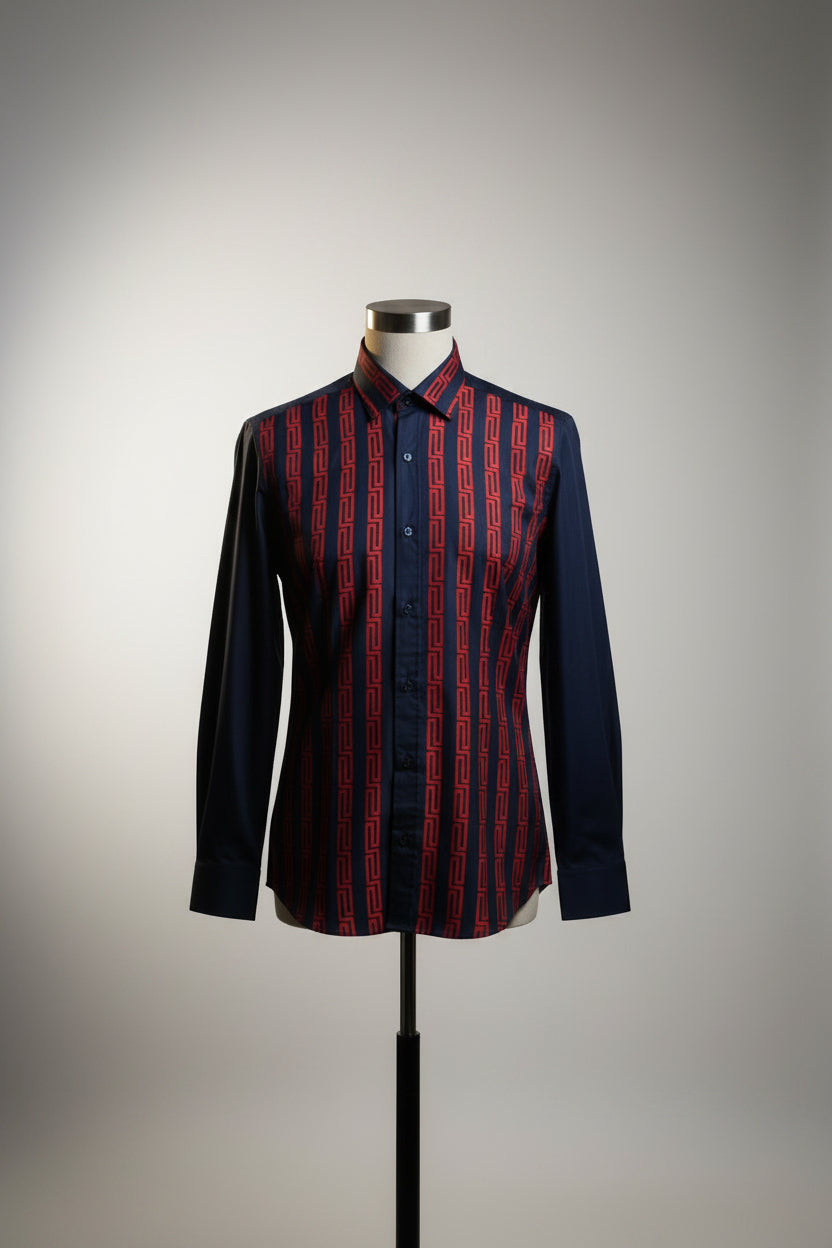 Blue shirt with red patterns 