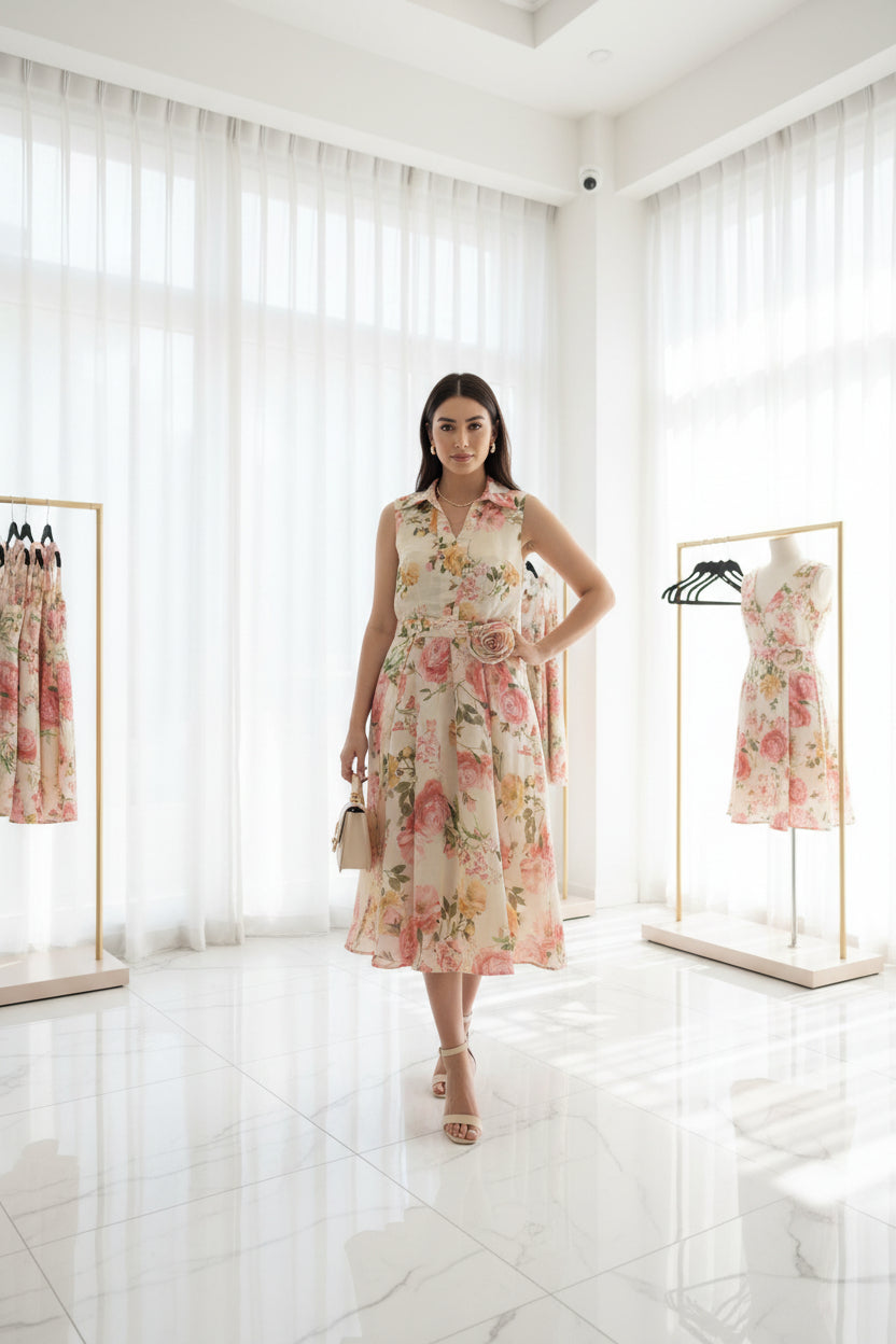Sleeveless  linen floral pattern gown