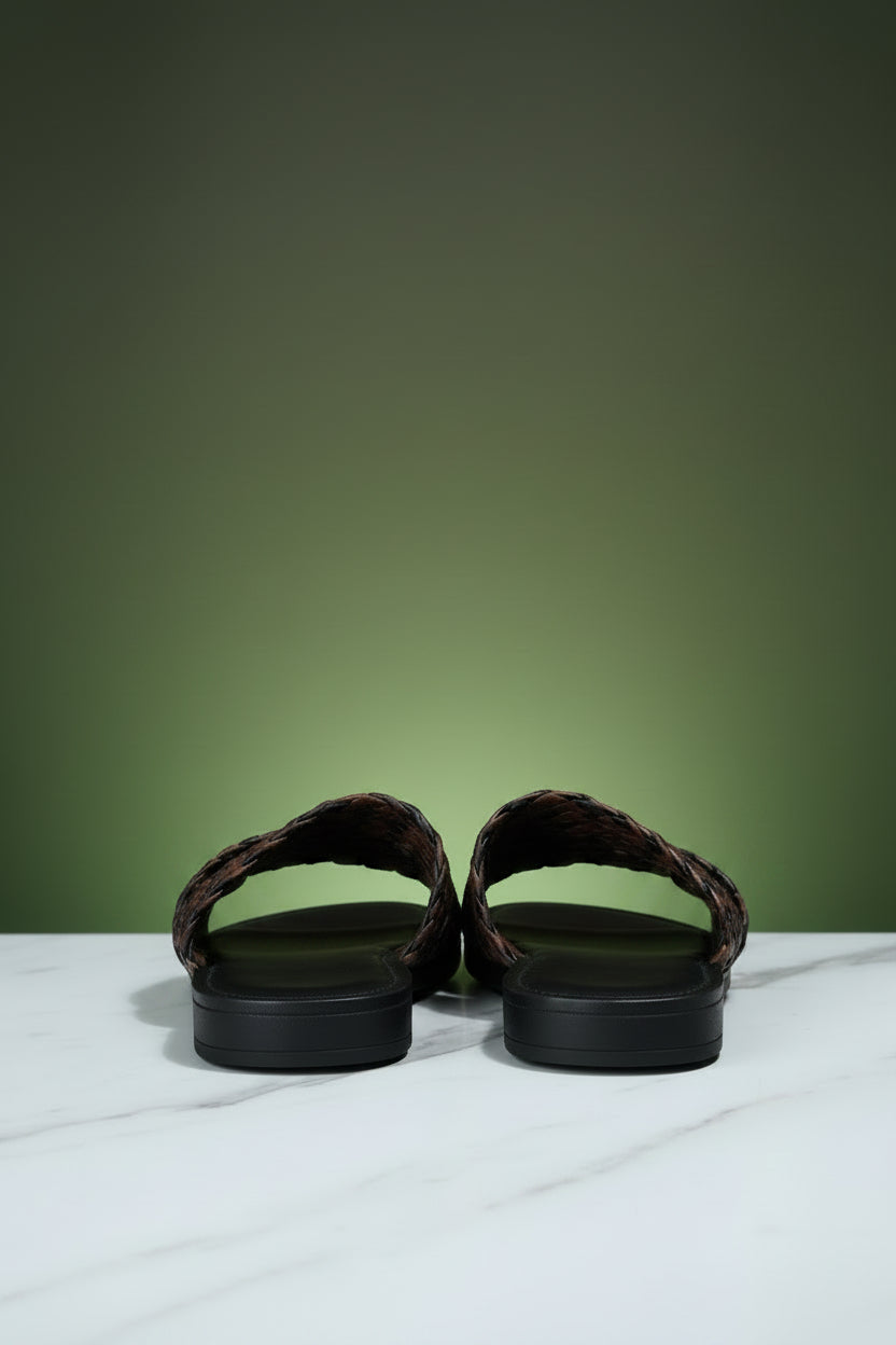 Black sandals with brown straps 