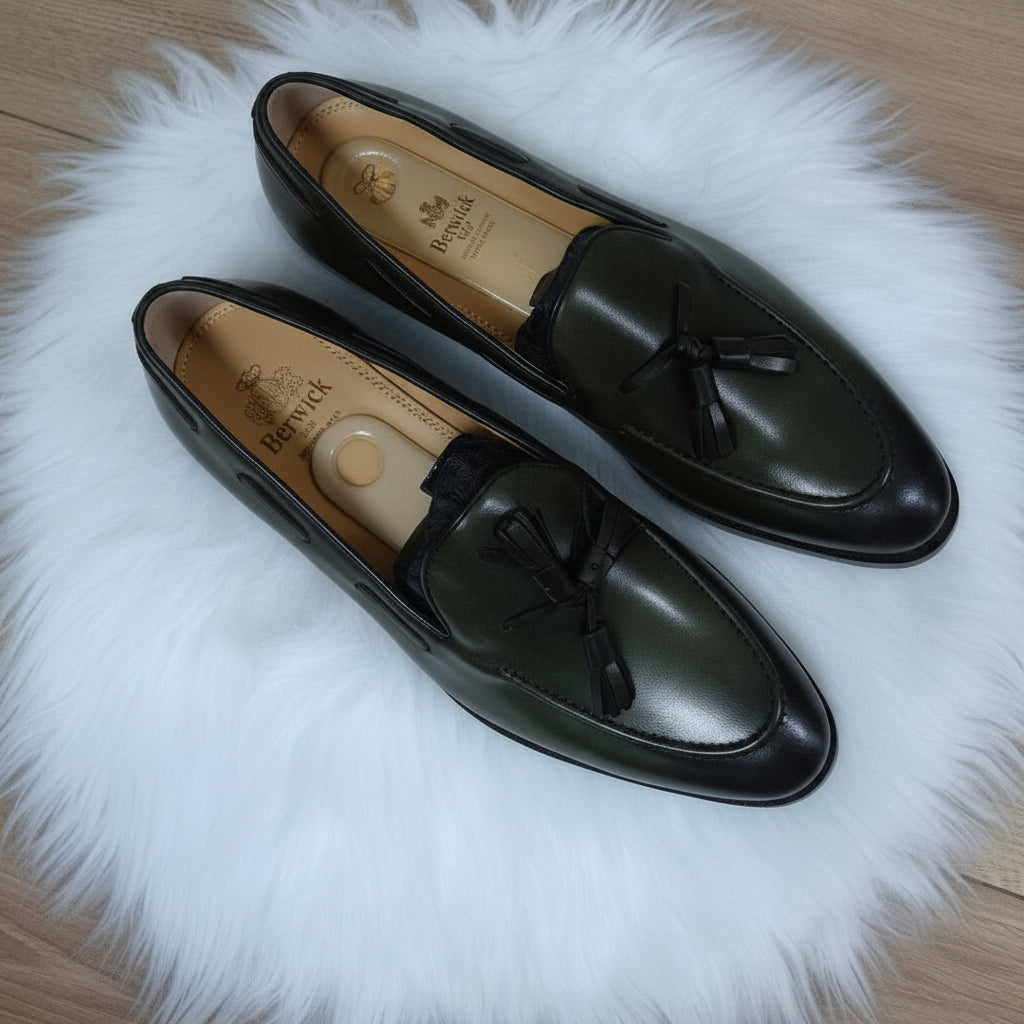 Berwick green leather two pompom