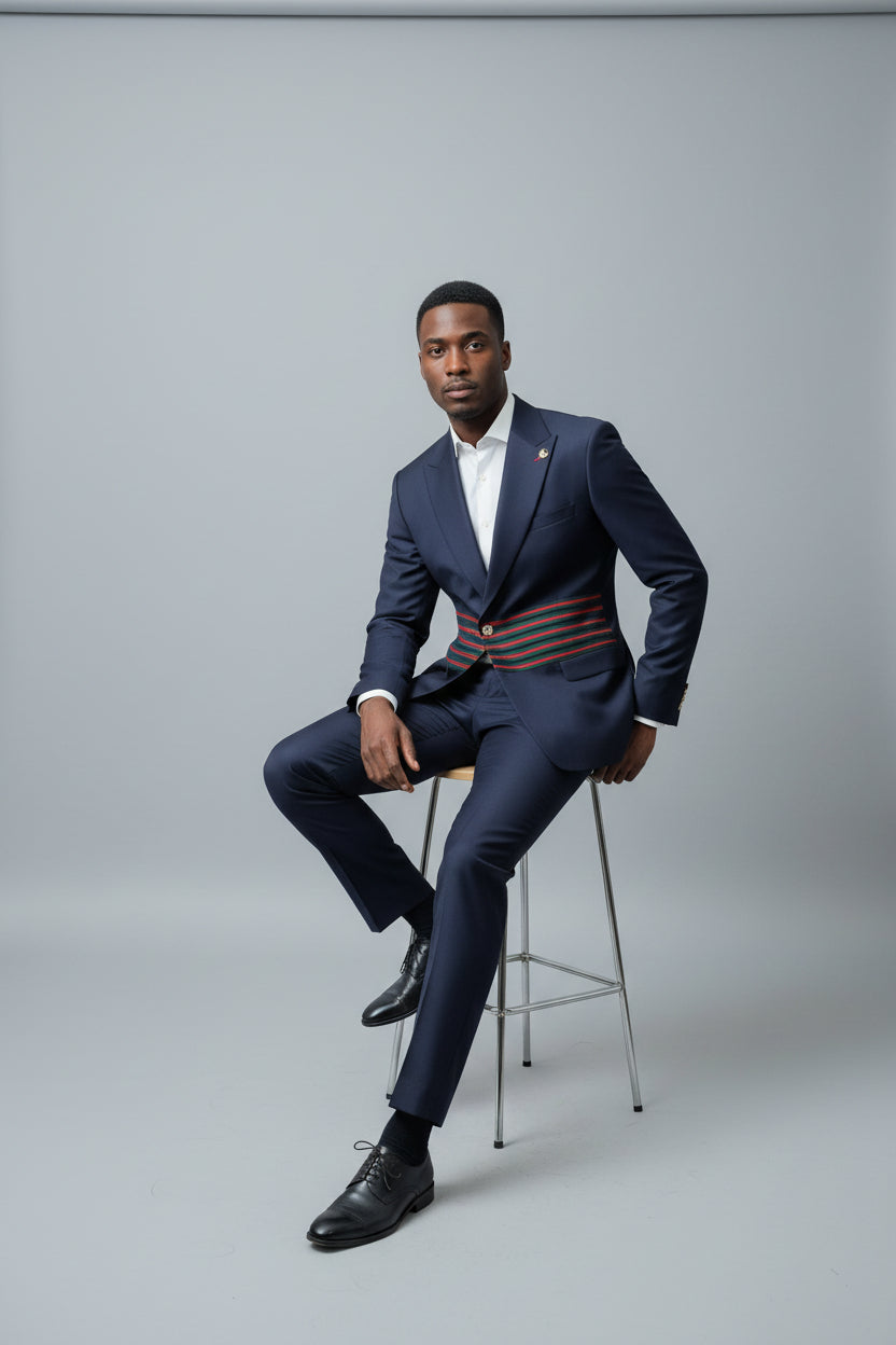 Mario Casas Dark Blue Three-Button Cotton Suit with Gucci-Inspired Straps