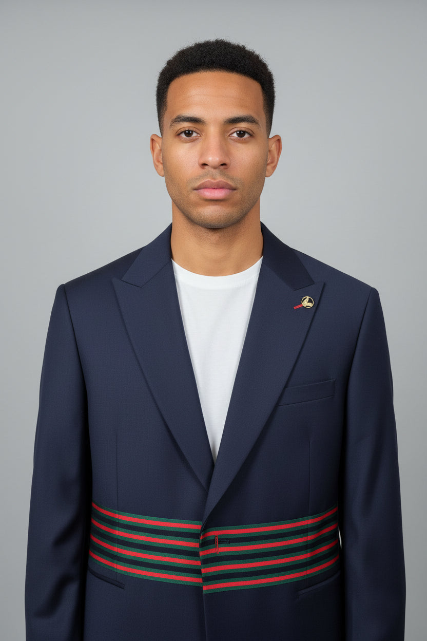 Mario Casas Dark Blue Three-Button Cotton Suit with Gucci-Inspired Straps