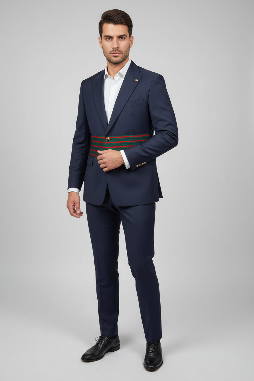 Mario Casas Dark Blue Three-Button Cotton Suit with Gucci-Inspired Straps