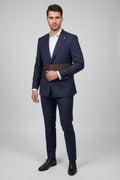 Mario Casas Dark Blue Three-Button Cotton Suit with Gucci-Inspired Straps