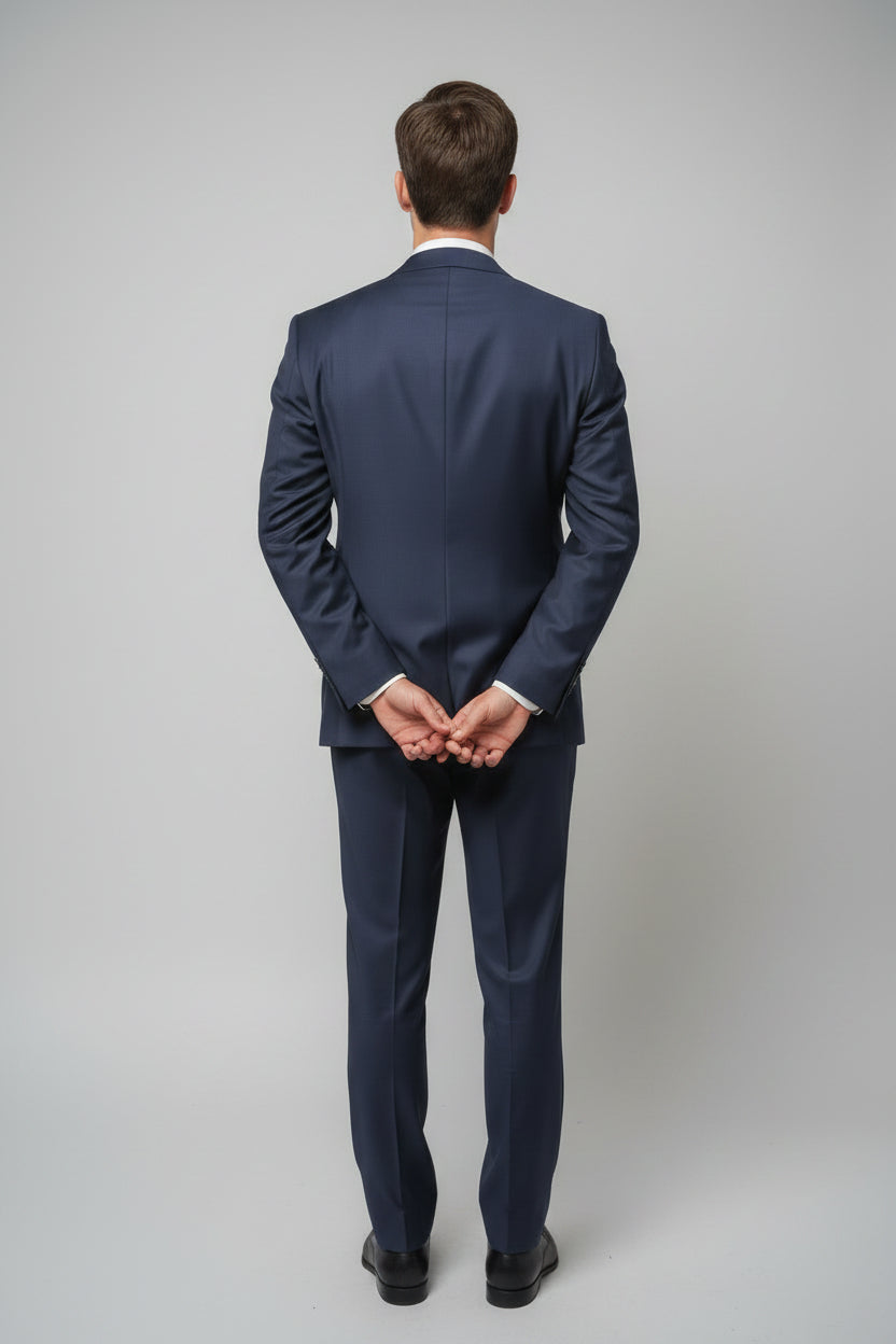 Mario Casas Dark Blue Three-Button Cotton Suit with Gucci-Inspired Straps