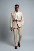Mario Casas Beige Three-Button Cotton Suit with Gucci-Inspired Straps