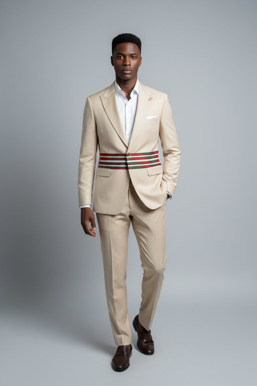 Mario Casas Beige Three-Button Cotton Suit with Gucci-Inspired Straps