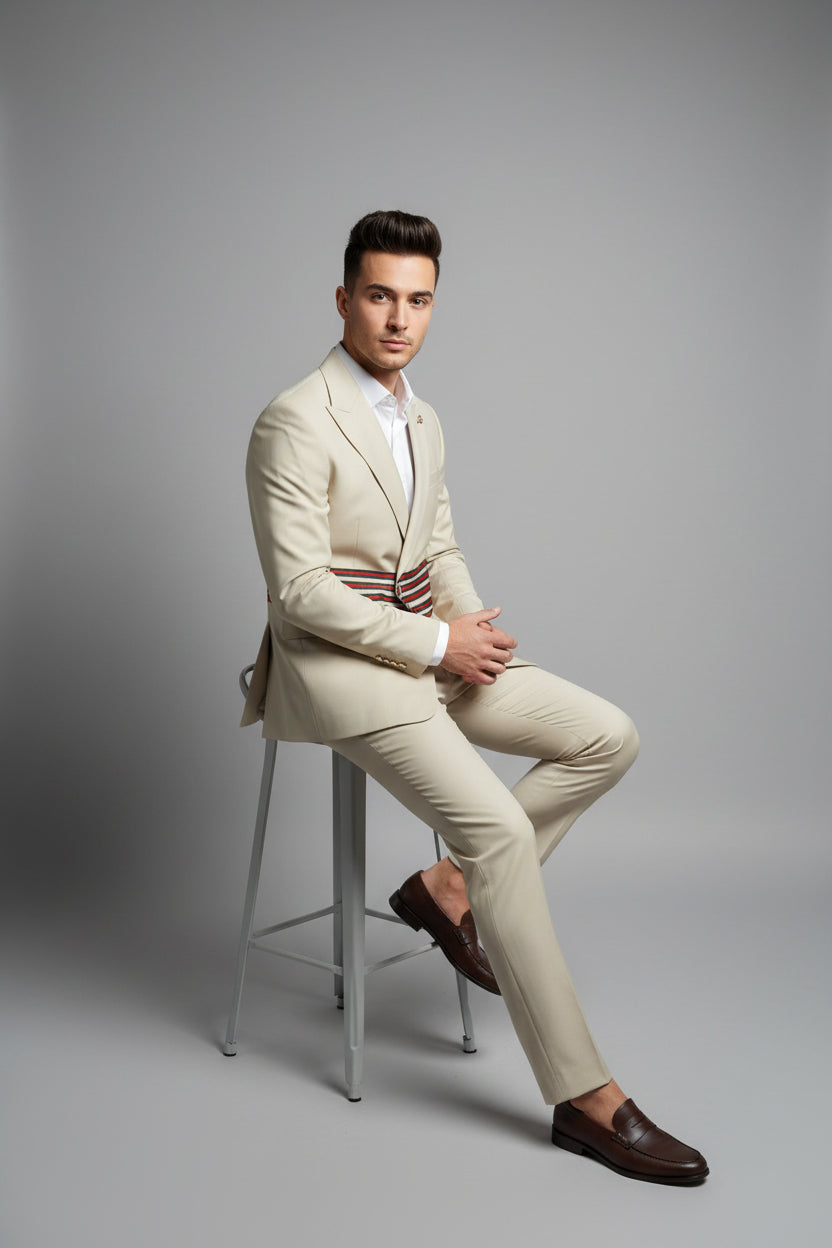 Mario Casas Beige Three-Button Cotton Suit with Gucci-Inspired Straps