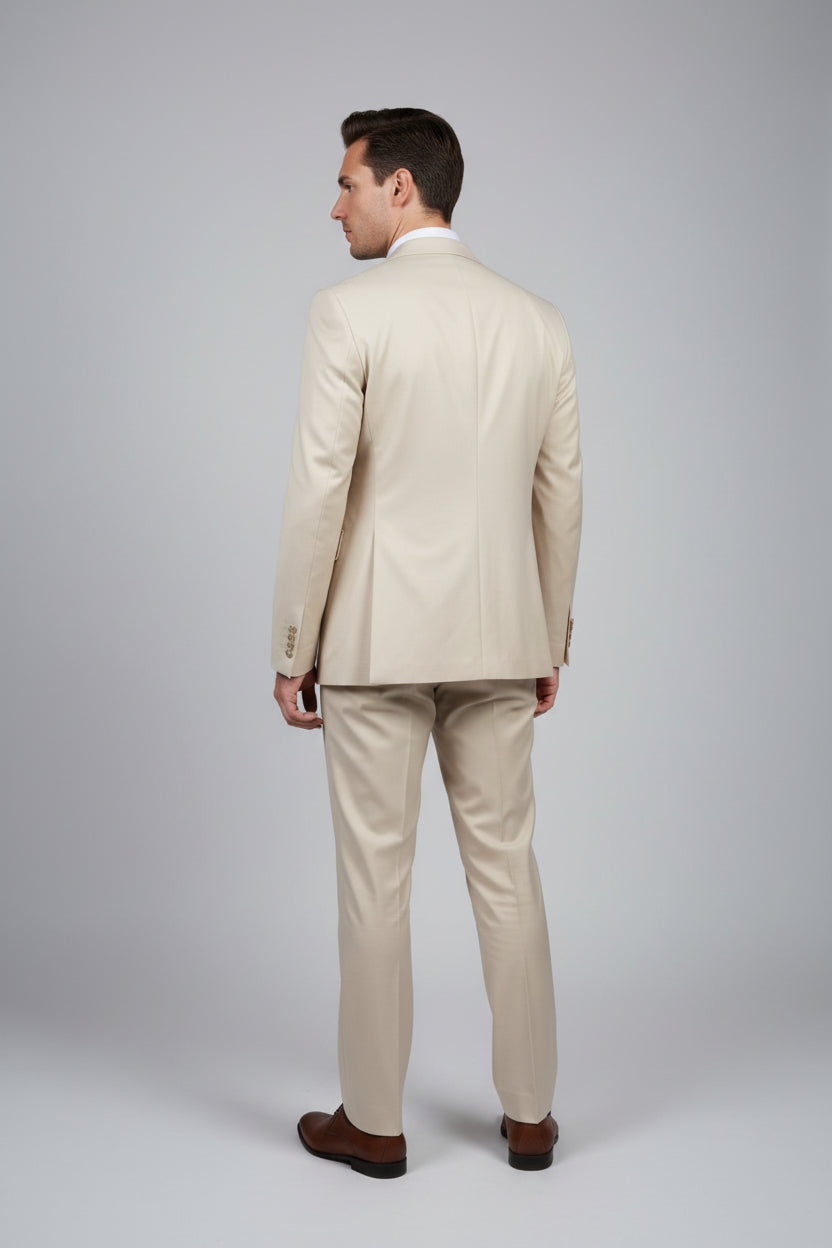 Mario Casas Beige Three-Button Cotton Suit with Gucci-Inspired Straps