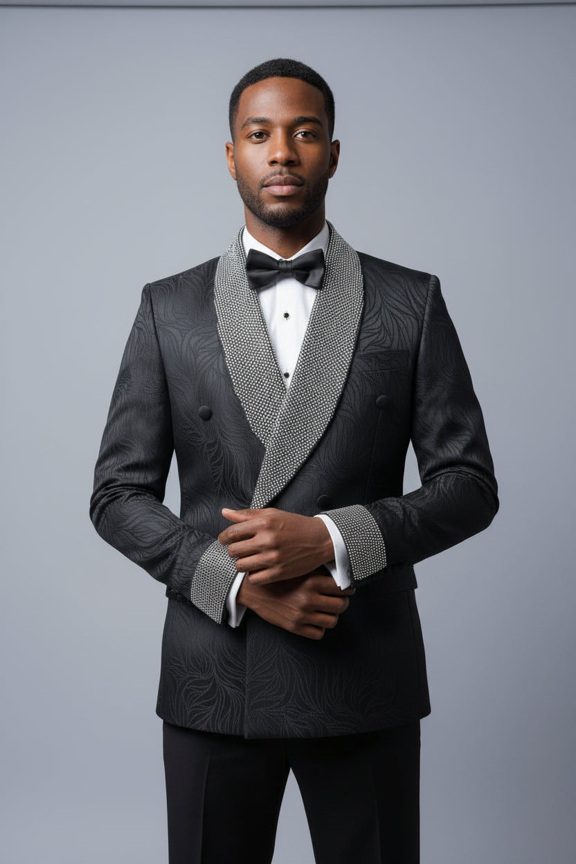 Black Jacquard Crystal Lapel Ceremonial Suit