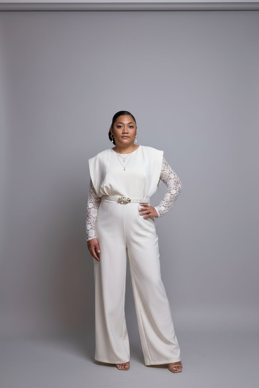 Ivory Lace Sleeve Structured Jumpsuit