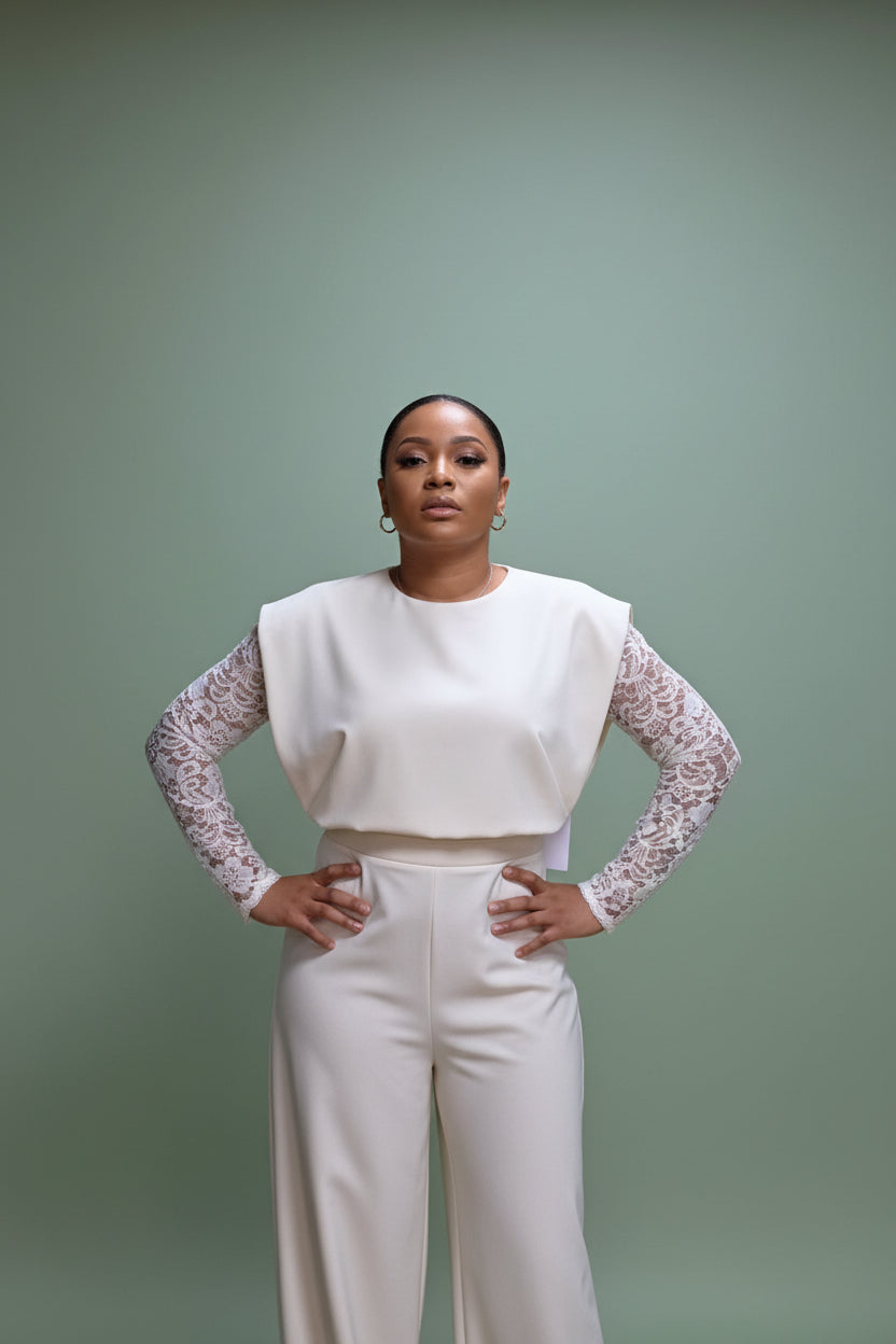 Ivory Lace Sleeve Structured Jumpsuit