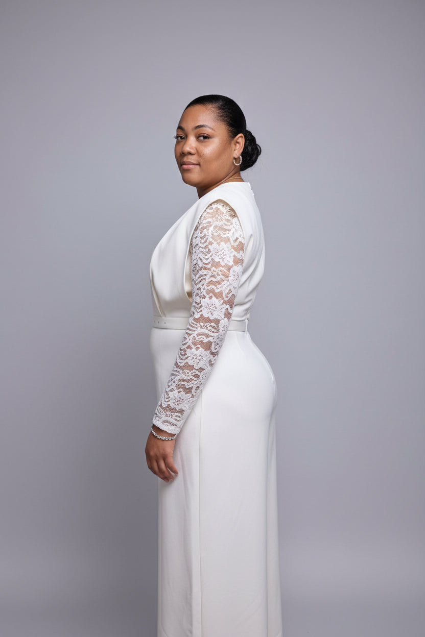 Ivory Lace Sleeve Structured Jumpsuit