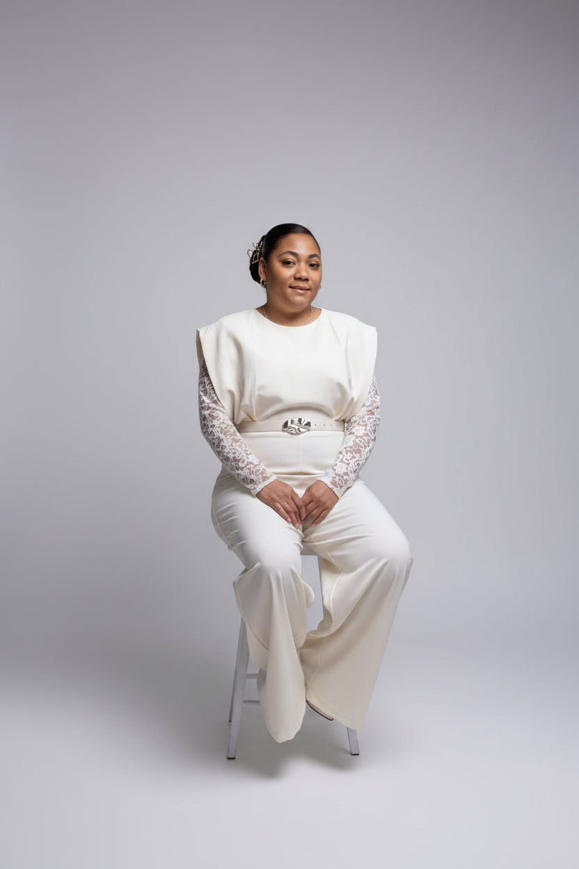 Ivory Lace Sleeve Structured Jumpsuit
