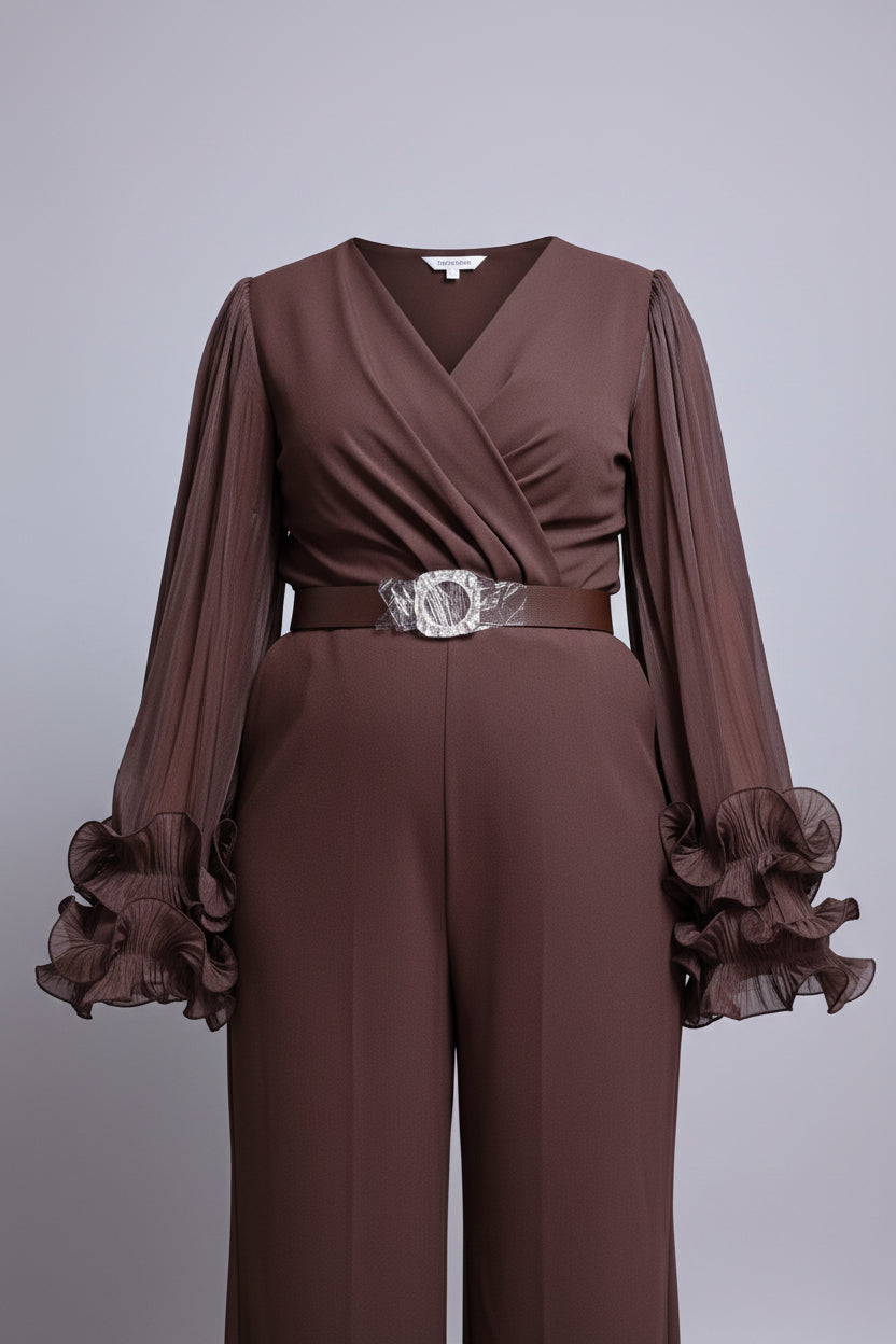 Chocolate Ruffle Cuff Wide-Leg Jumpsuit