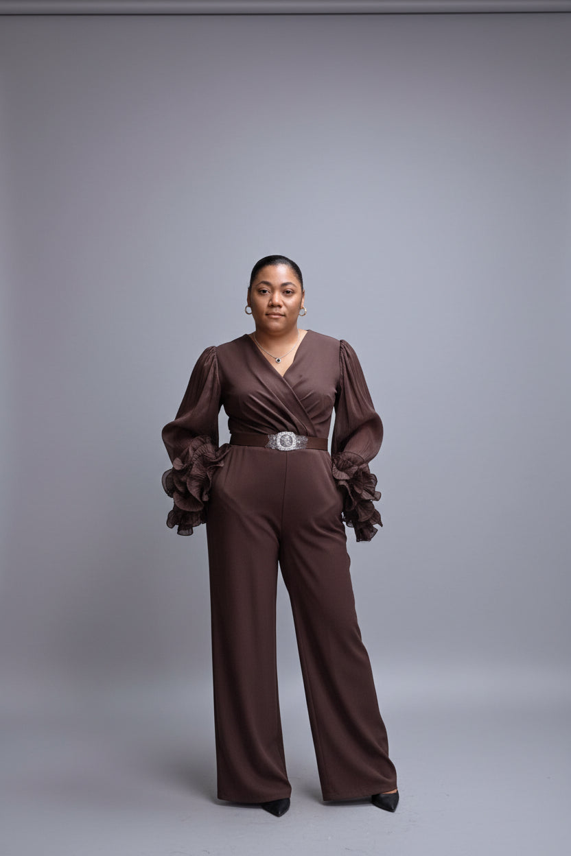 Chocolate Ruffle Cuff Wide-Leg Jumpsuit