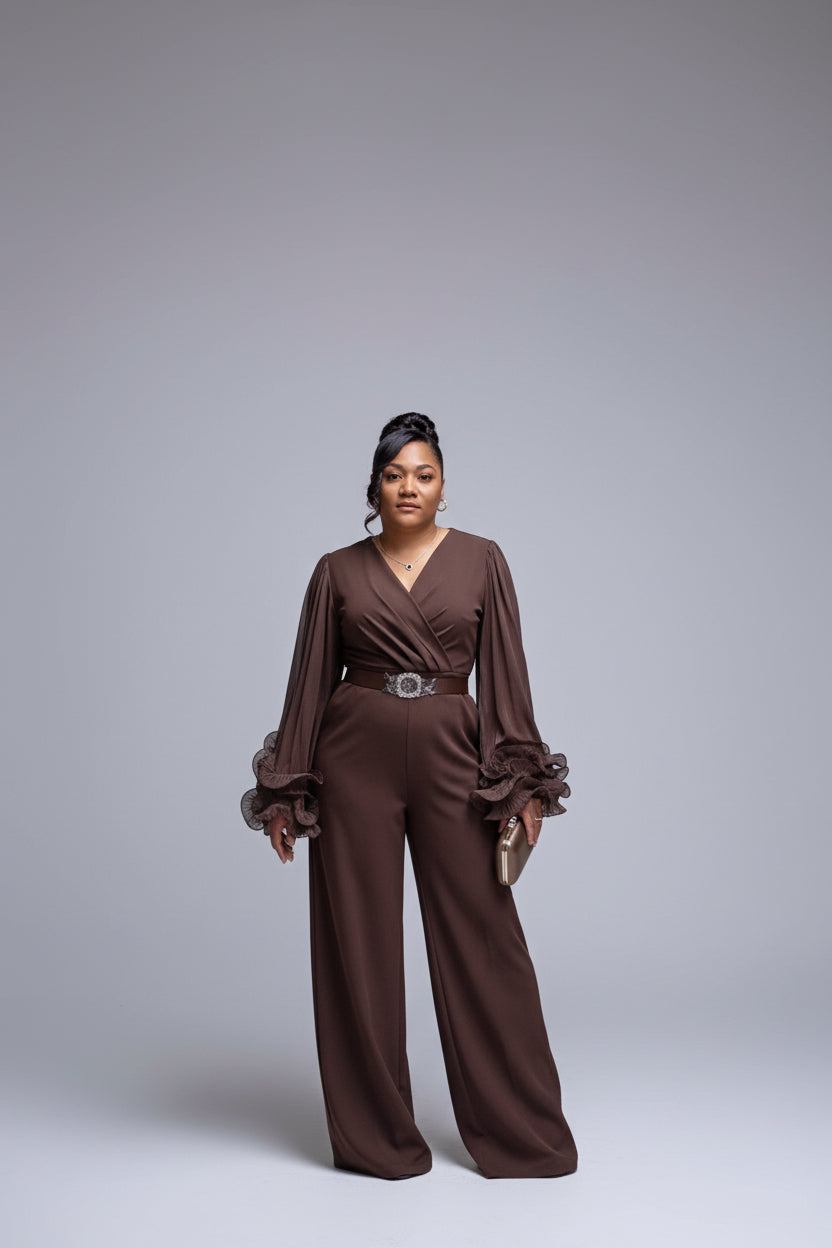 Chocolate Ruffle Cuff Wide-Leg Jumpsuit