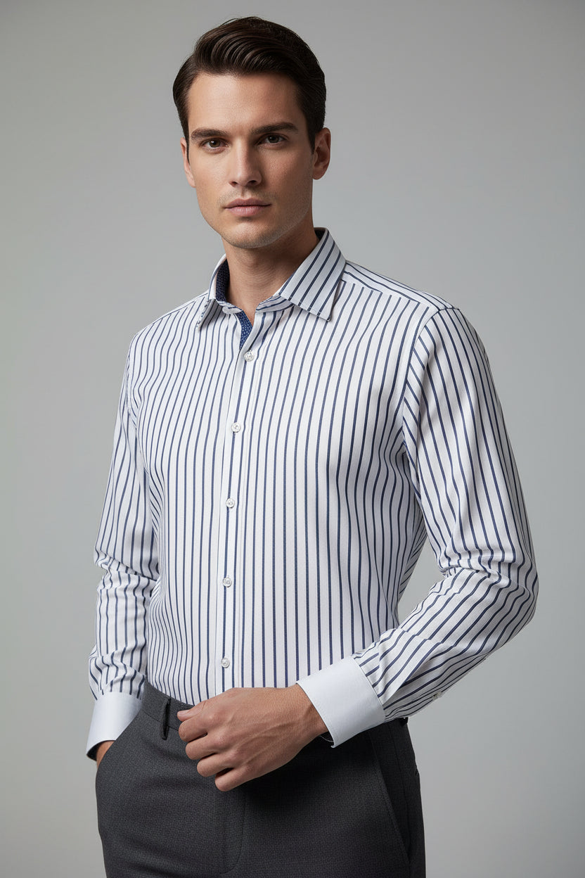 Minghetti Slim Fit Navy Stripe Contrast Collar Dress Shirt