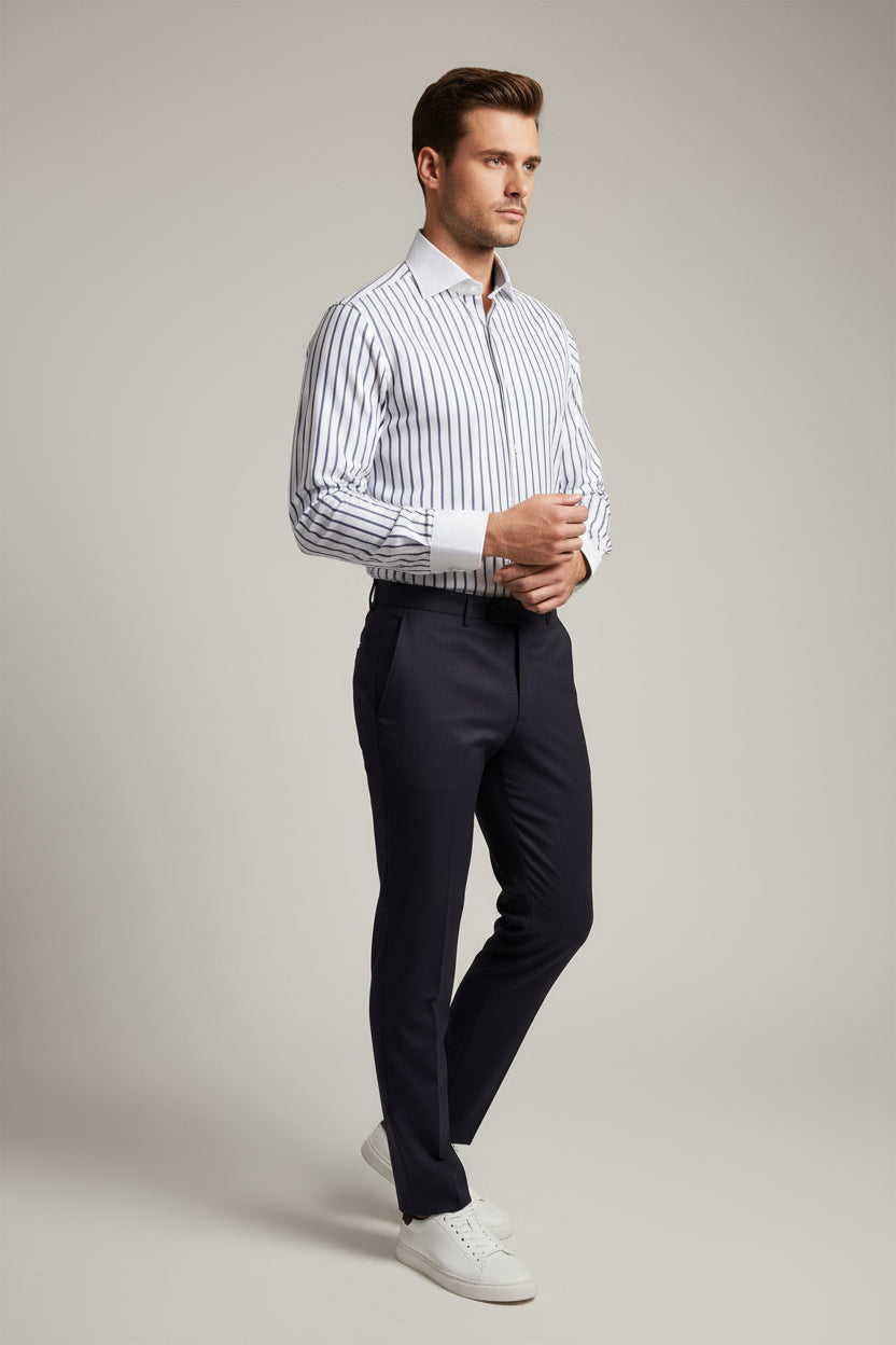 Minghetti Slim Fit Navy Stripe Contrast Collar Dress Shirt