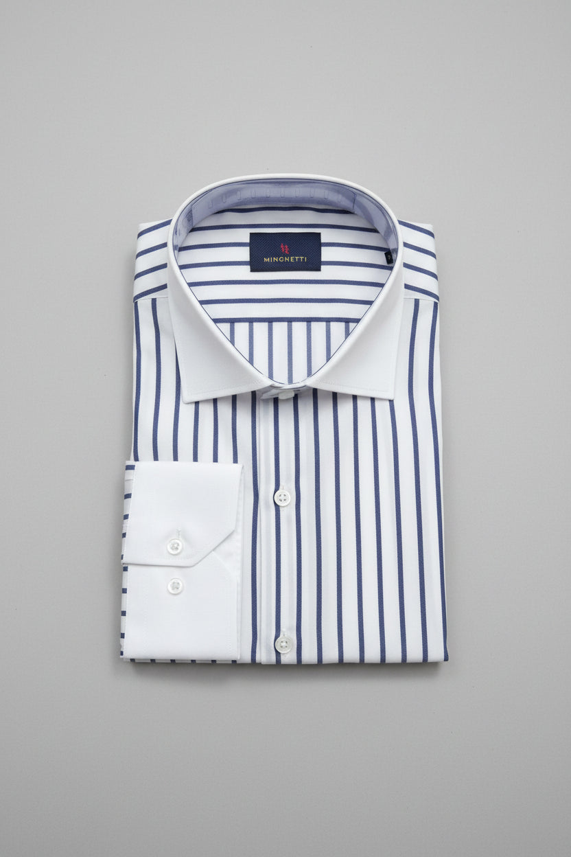 Minghetti Slim Fit Navy Stripe Contrast Collar Dress Shirt