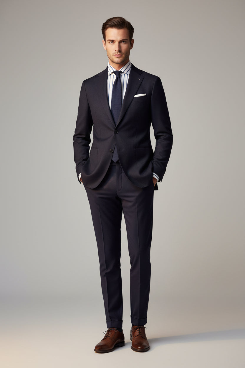 Minghetti Slim Fit Navy Stripe Contrast Collar Dress Shirt