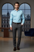 Men's Slim Fit Aqua Stripe Contrast Collar Dress Shirt
