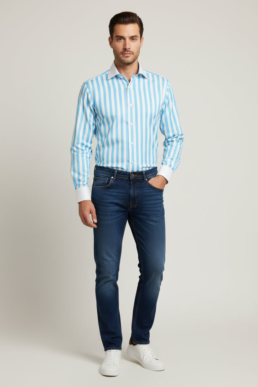 Men's Slim Fit Aqua Stripe Contrast Collar Dress Shirt