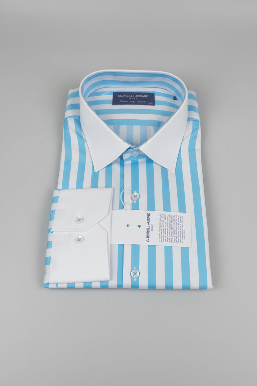 Men's Slim Fit Aqua Stripe Contrast Collar Dress Shirt