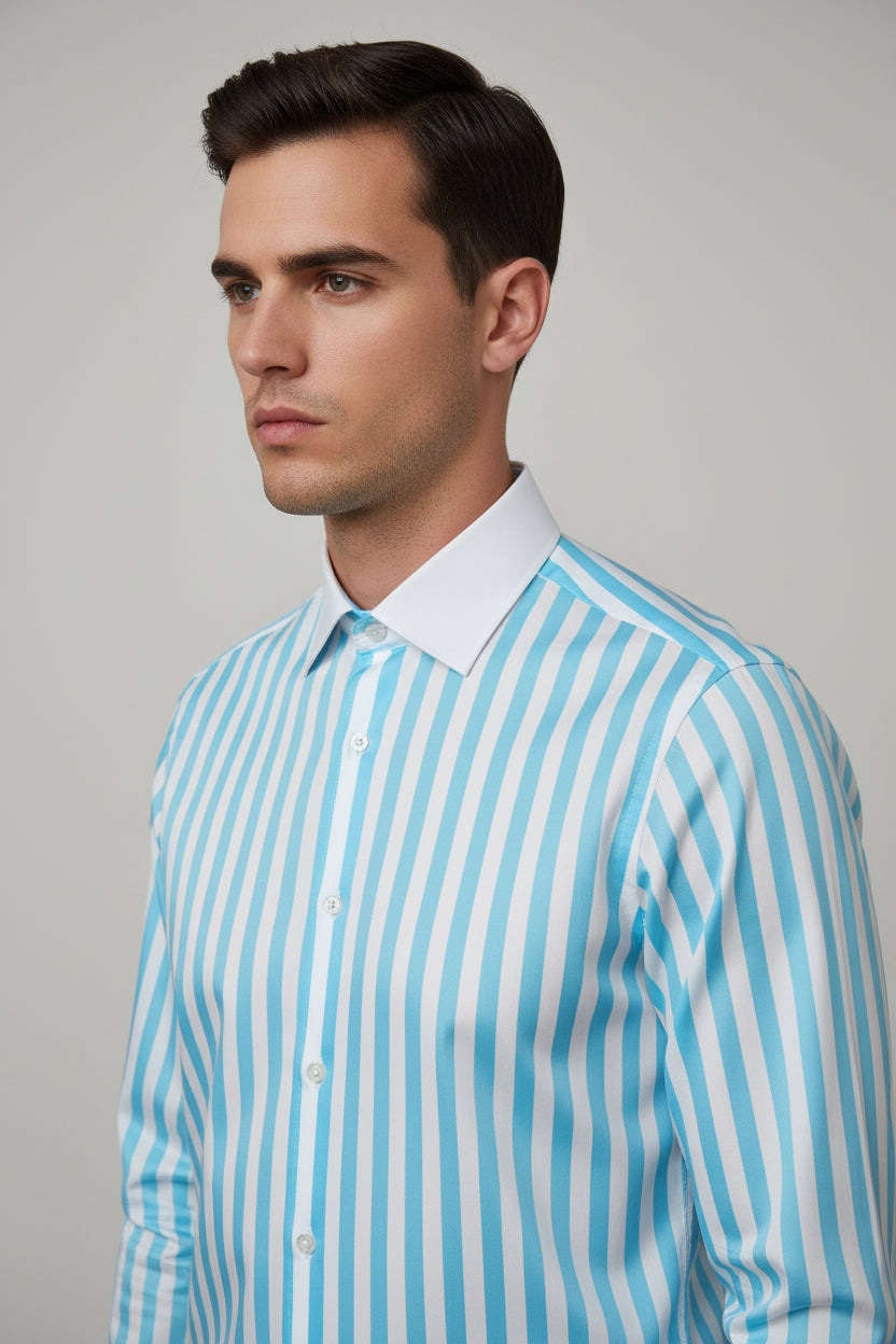 Men's Slim Fit Aqua Stripe Contrast Collar Dress Shirt