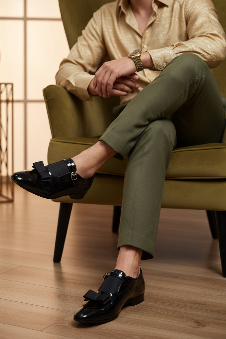 Black Glossy Bow-Buckle Loafers