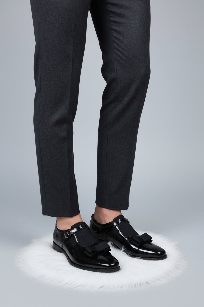 Black Glossy Bow-Buckle Loafers
