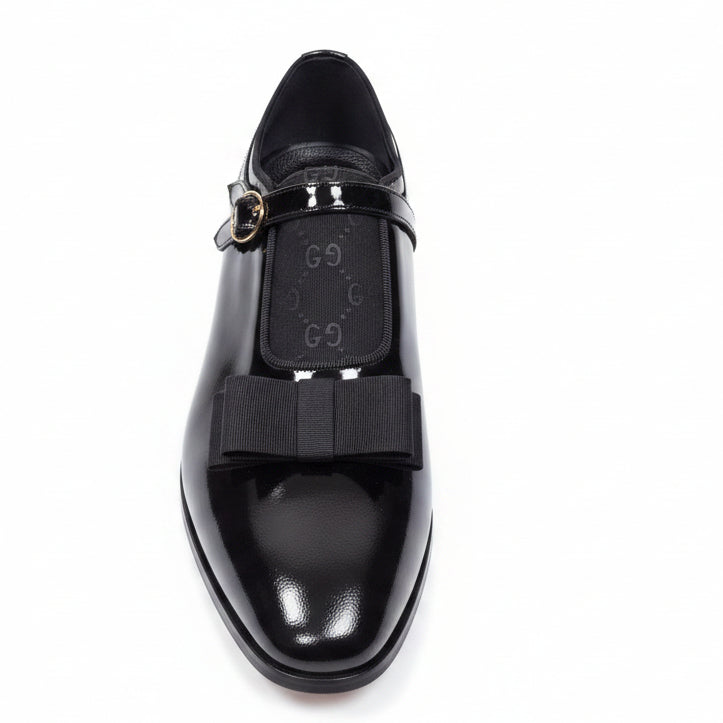 Black Glossy Bow-Buckle Loafers