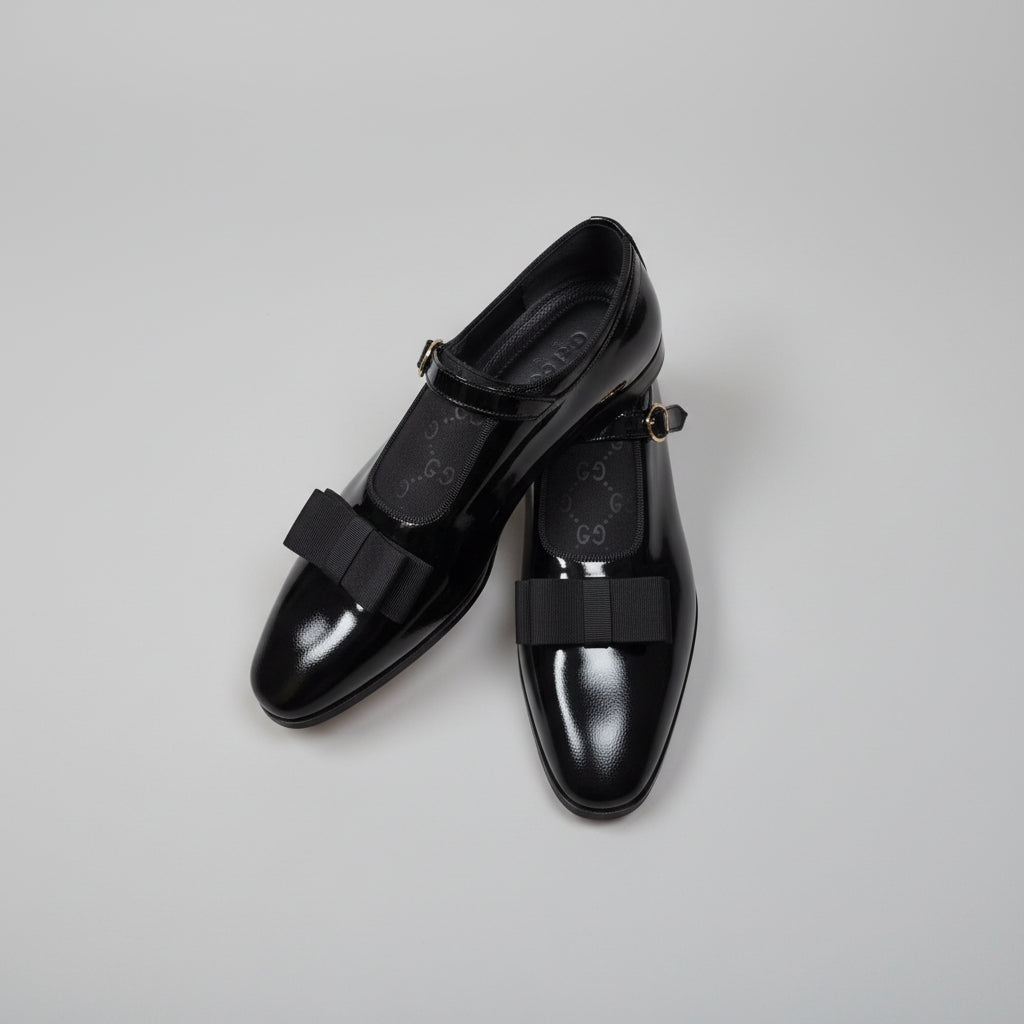 Black Glossy Bow-Buckle Loafers