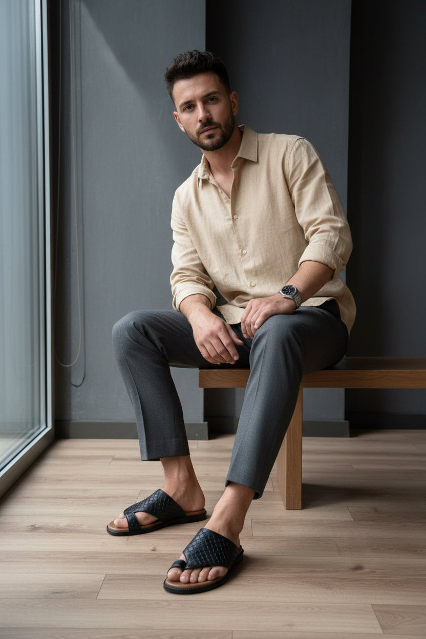 Black Textured Toe-Loop Sandals