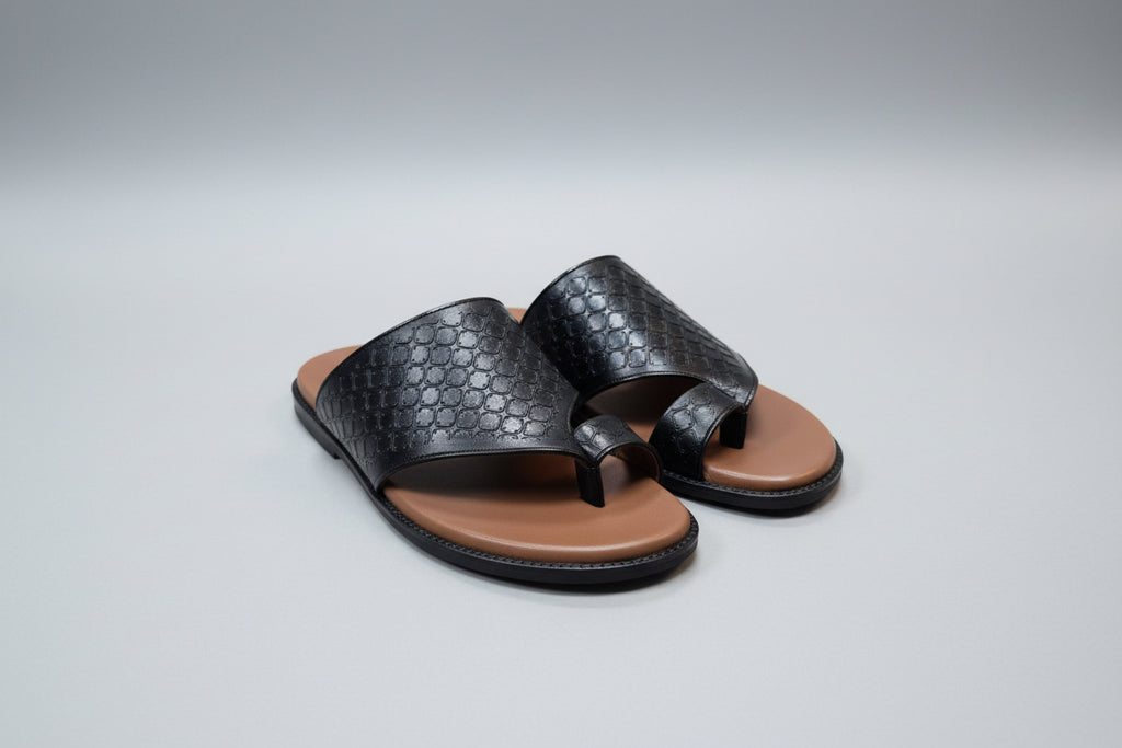 Black Textured Toe-Loop Sandals