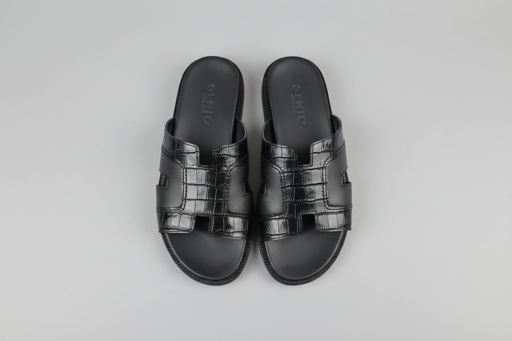 Black Textured Strap Slide Sandals