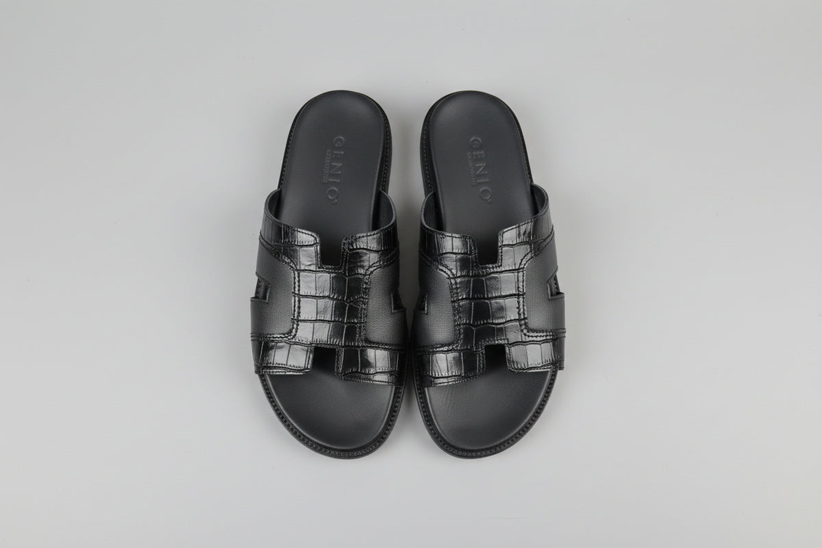 Black Textured Strap Slide Sandals