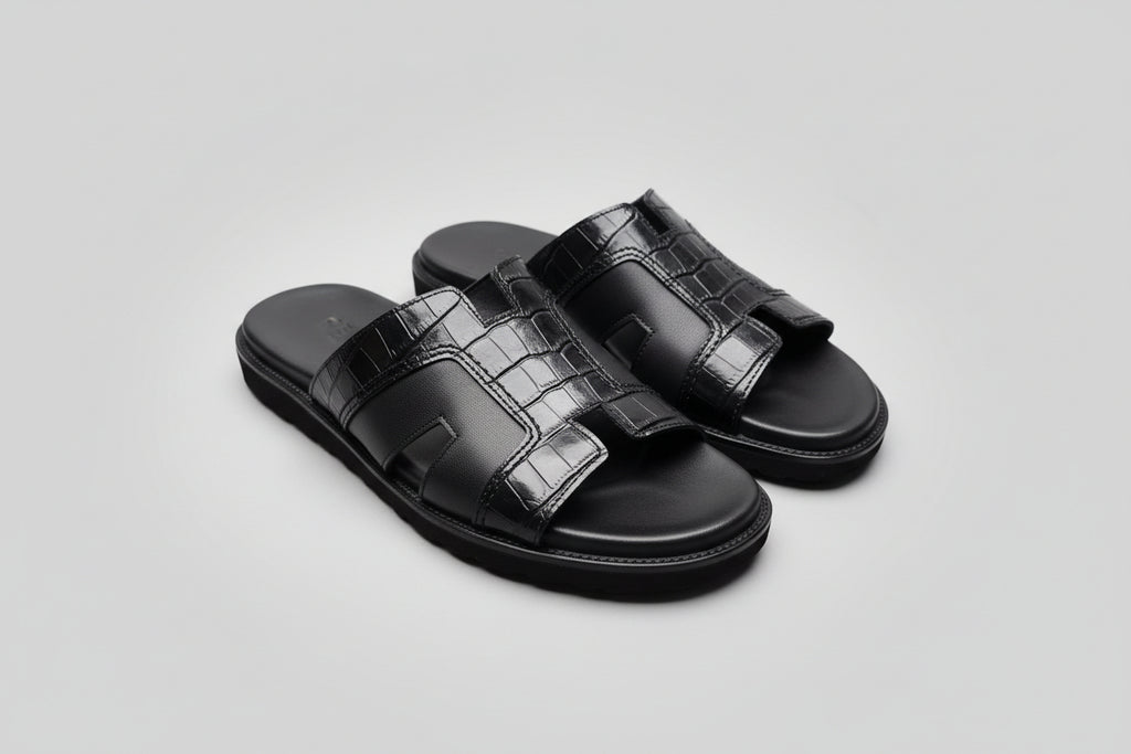 Black Textured Strap Slide Sandals